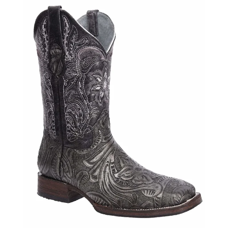 JOE BOOTS 569 Hand Tooled Print BLACK Men's Western Boots: Square Toe Cowboy & Rodeo Boots in Genuine Leather