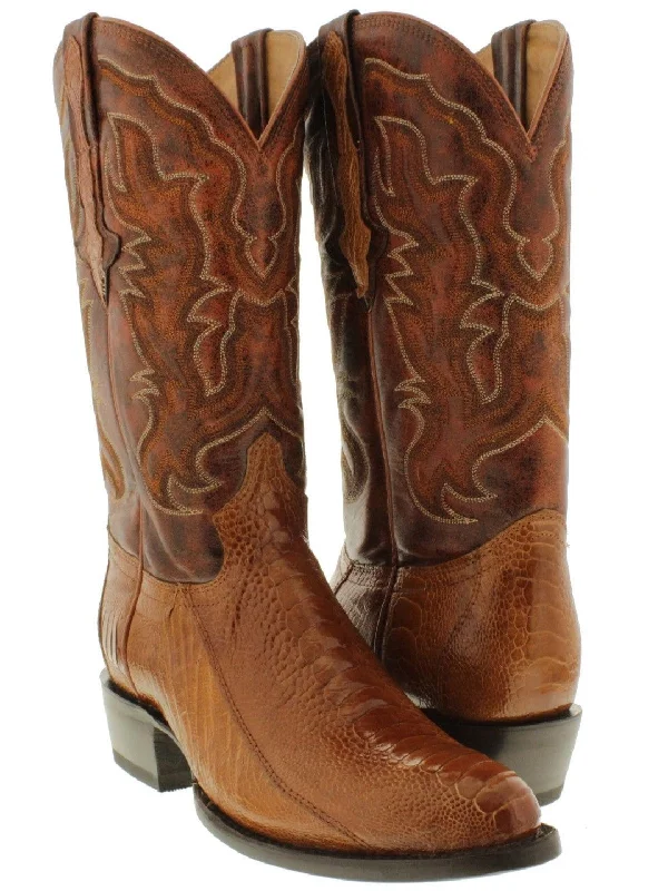 Men's Cognac Genuine Ostrich Foot Skin Cowboy Boots J Toe - #220G