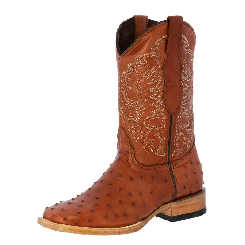 Mens Cognac Ostrich Quill Print Leather Cowboy Boots Square Toe