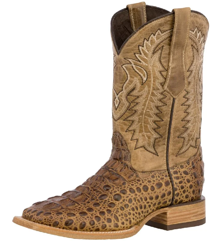 Mens Sand Alligator Hornback Print Leather Cowboy Boots Square Toe