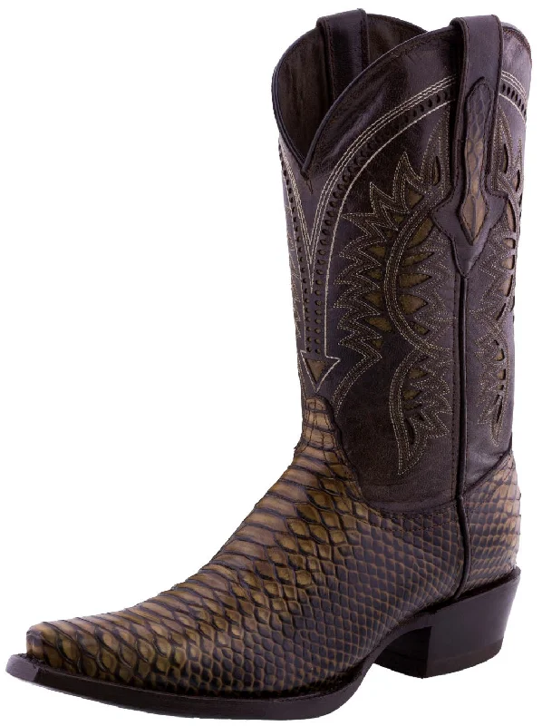 Mens Rustic Sand Snake Print Leather Cowboy Boots - Snip Toe