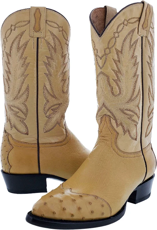 Mens Sand Ostrich Skin Leather Cowboy Boots - J Toe