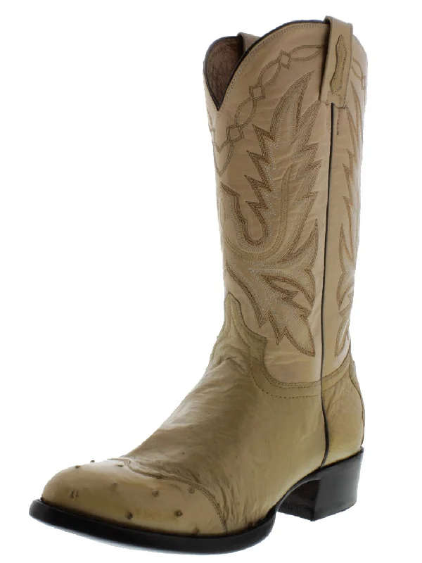 Mens Sand Ostrich Skin Leather Cowboy Boots - Round Toe