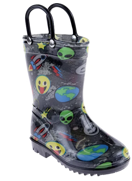 Toddler Boys Shiny Emojis in Space Printed Rain Boot