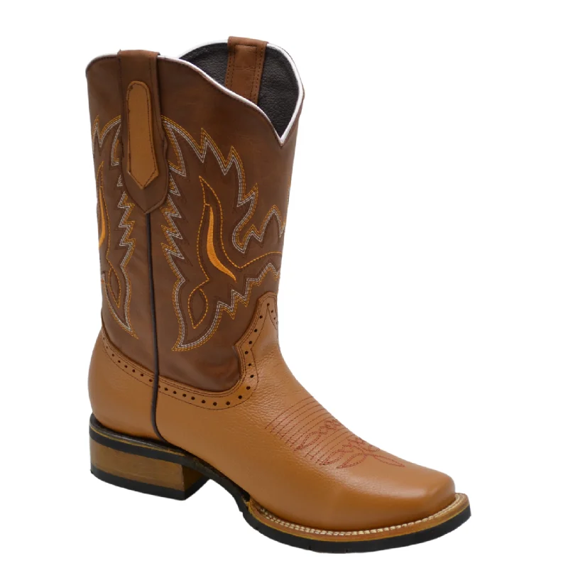 VE-030  TAN Men's Western Boots: Square Toe, Sole Rubber Cowboy & Rodeo Boots in Genuine Leather