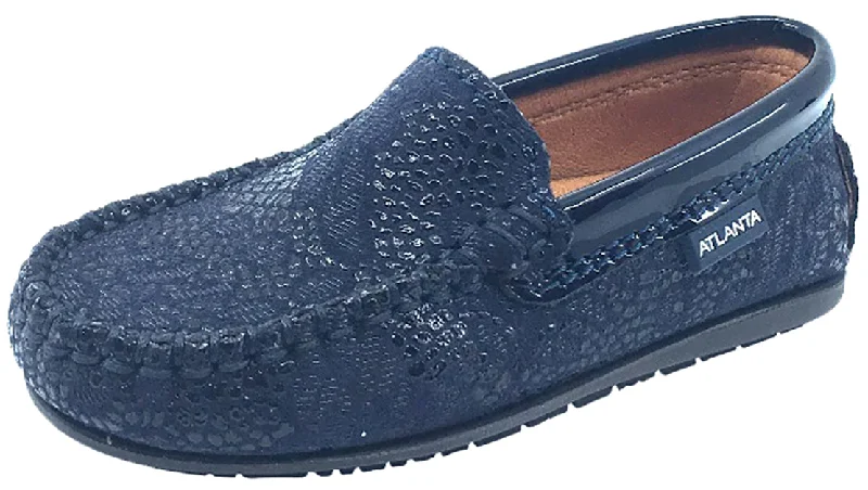 Atlanta Mocassin Girl's & Boy's Navy Pebble Printed Leather with Patent Trim Slip On Moccasin Loafer Shoe