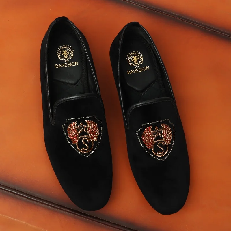 Bespoke Black Velvet Slip-Ons Emblem made with Eagle Wings Handmade Zardosi With Name Initial by Brune & Bareskin