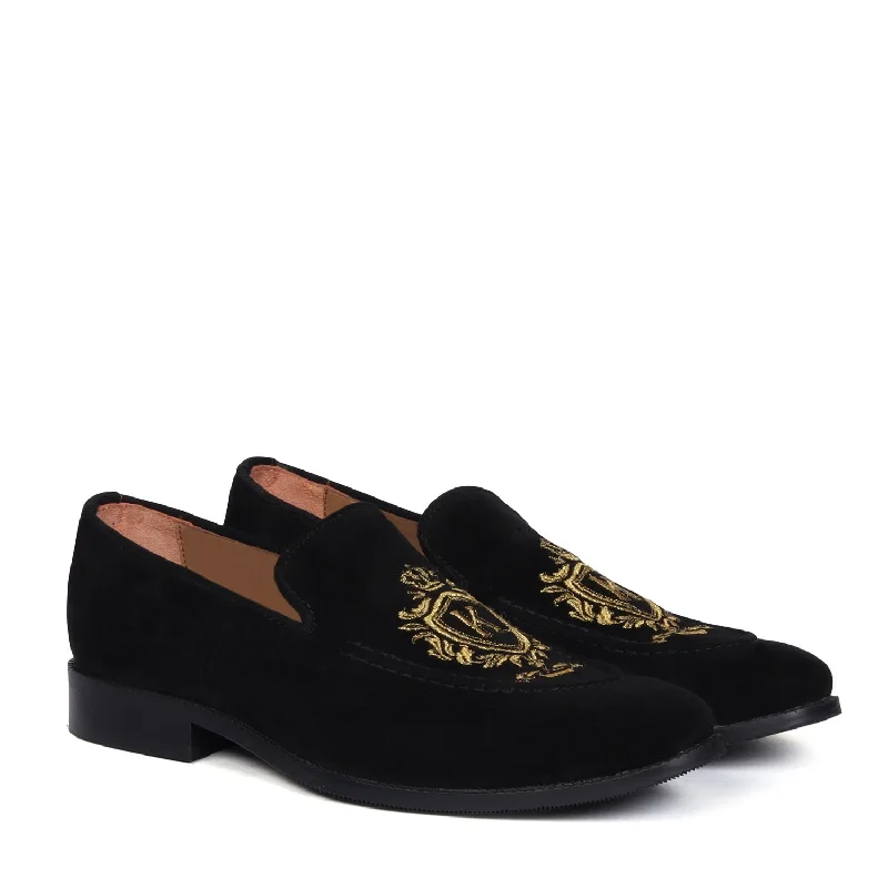 Bespoke Crown Crest Embroidered "K" Initial on Black Suede Leather Loafer By Brune & Bareskin