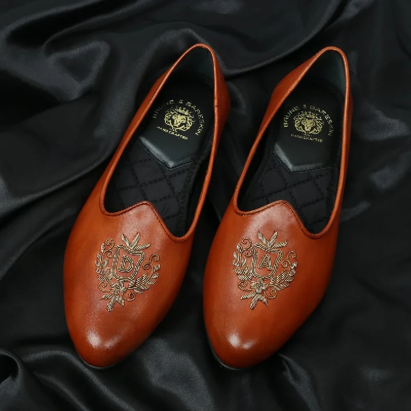 Bespoke "DA" Initial Men's Tan Leather Royal Crest Zardosi Jalsa By Brune & Bareskin