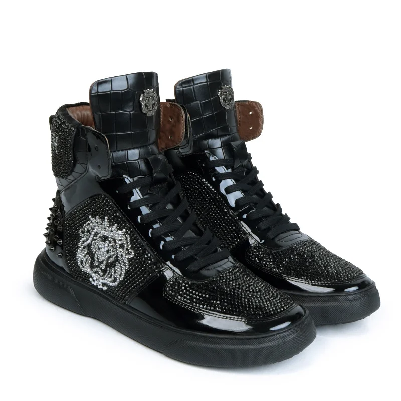 Studded Patent Leather Sneakers Black and Silver 'BARESKIN' Lion Face Swarovski Crystal Zardosi