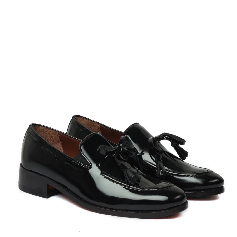 Black Bow Knot Tassel Men's Patent Leather Side Lacing Formal Slip Ons by Brune & Bareskin