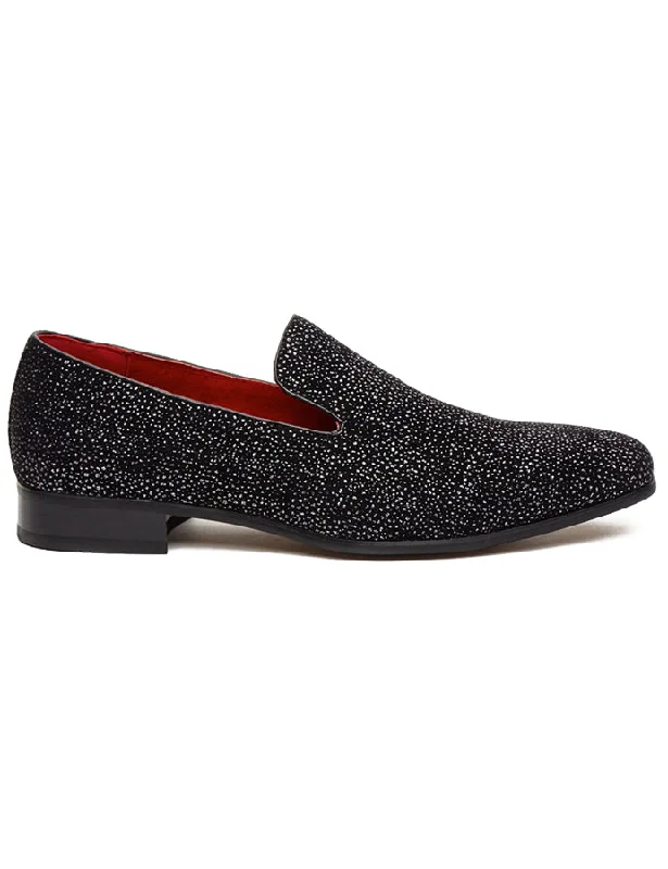 BLACK LEATHER LINED SILVER GLITTER PARTY LOAFERS