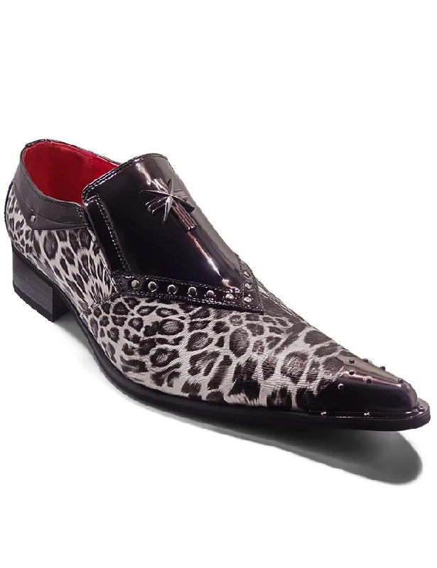 BLACK PATENT LEOPARD PRINT LOAFER METAL TOE CAP