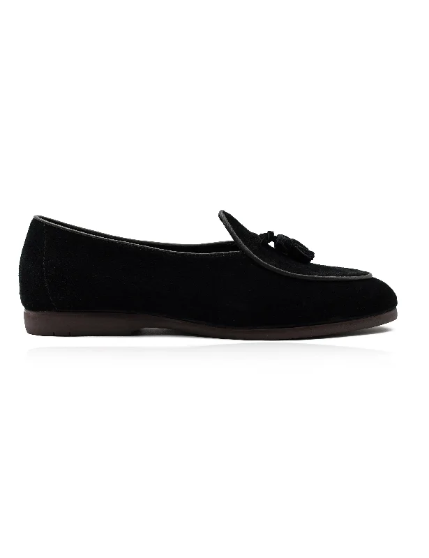 BLACK SOFT SUEDE TASSEL SLIPPERS