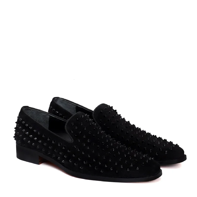 Black Studded Sleek Toe Loafer in Suede Leather