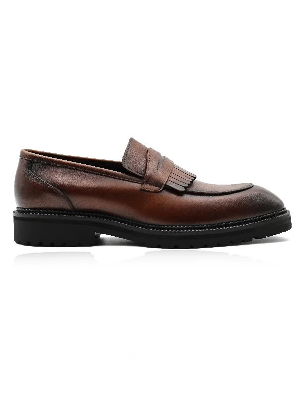 BROWN LEATHER PENNY LOAFERS WITH FRINGE