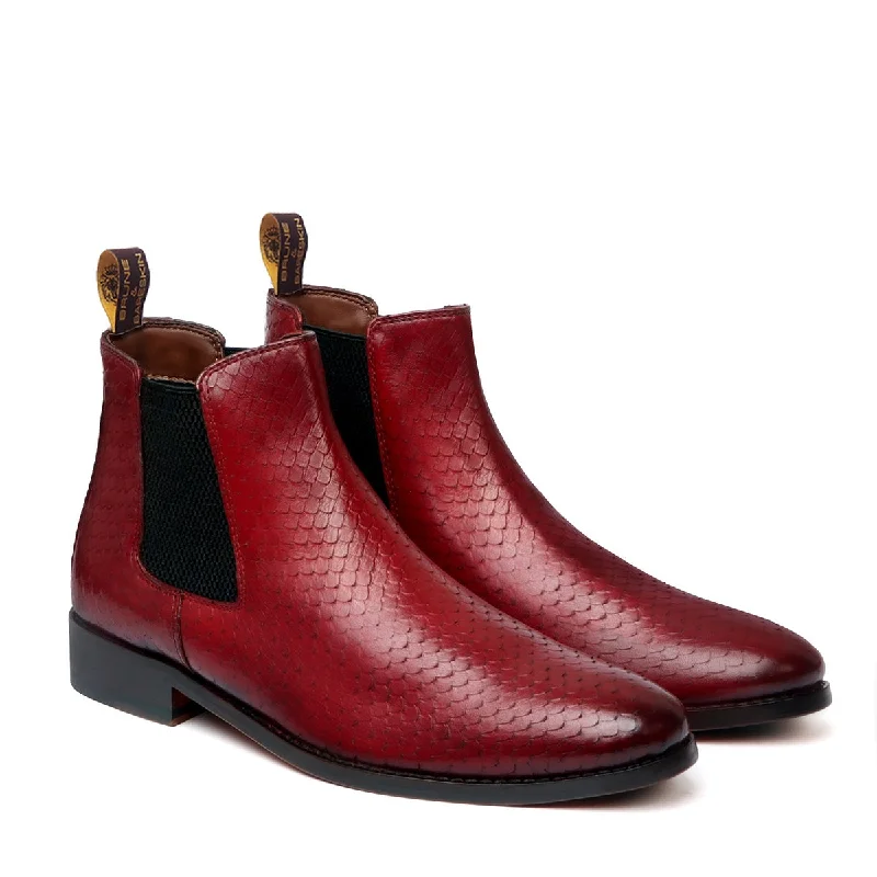 Wine Snake Skin Textured Leather Chelsea Boot For Men By Brune & Bareskin