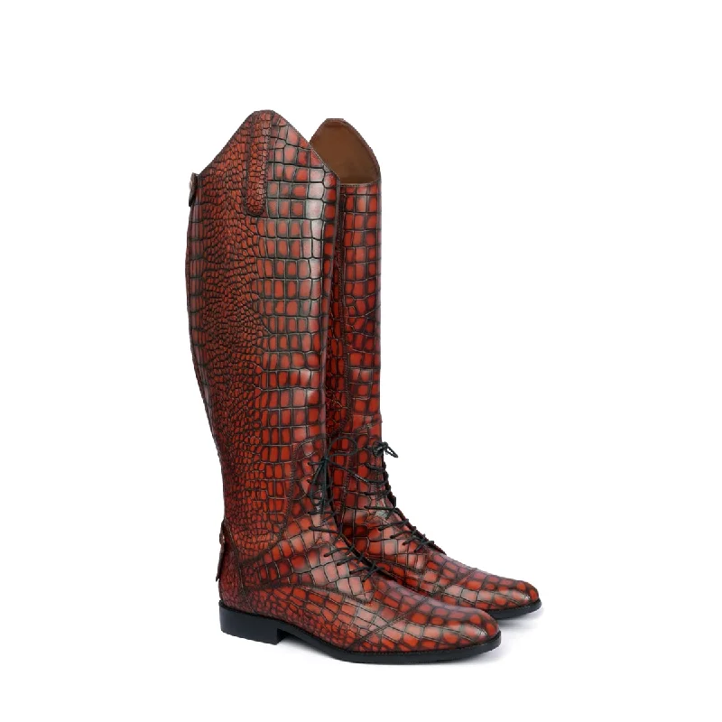 Stitched Horse Riding Jockey Shoes in Smokey Finish Deep Cut Croco Textured Cognac Leather by Brune & Bareskin