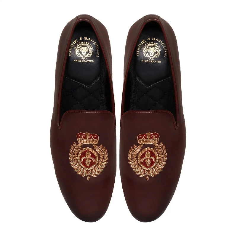 Dark Brown Leather Slip-On with Fleur-de-lis Crown Crest Zardosi By Brune & Bareskin