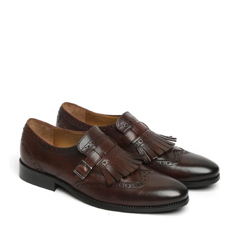 Men's Dark Brown wingtip Brogue fringes Single Monk Strap Leather Shoes By Brune & Bareskin