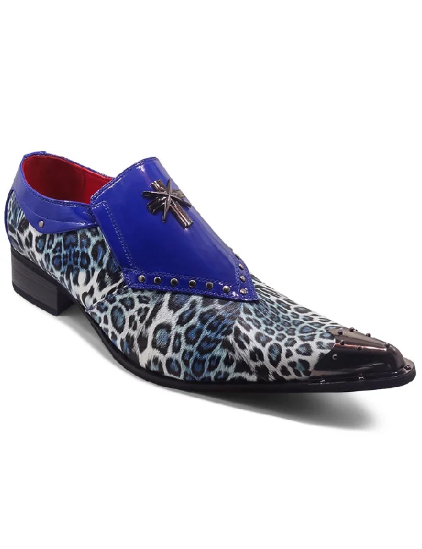 NAVY PATENT LEOPARD PRINT LOAFER METAL TOE CAP