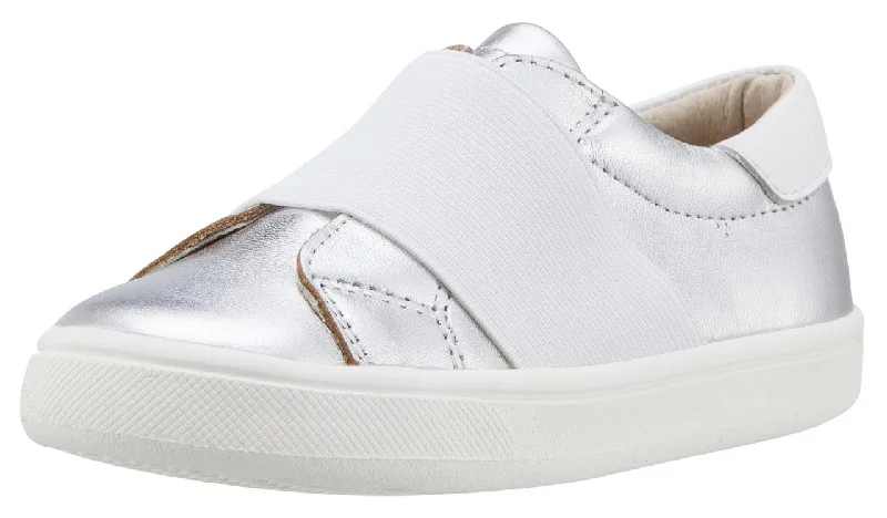 Old Soles Girl's & Boy's 6018 Master Shoe Silver Leather White Wide Banded Slip On Sneaker Shoe