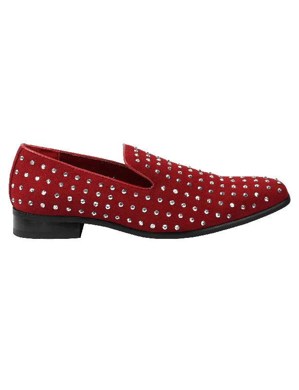 RED SUEDE LEATHER LINED GLITTER STUD LOAFERS