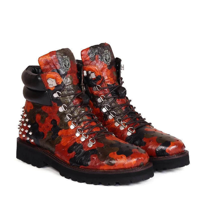 Hand Colored Light Weight Biker Boot Studded Premium Authentic Ostrich Camo Leather