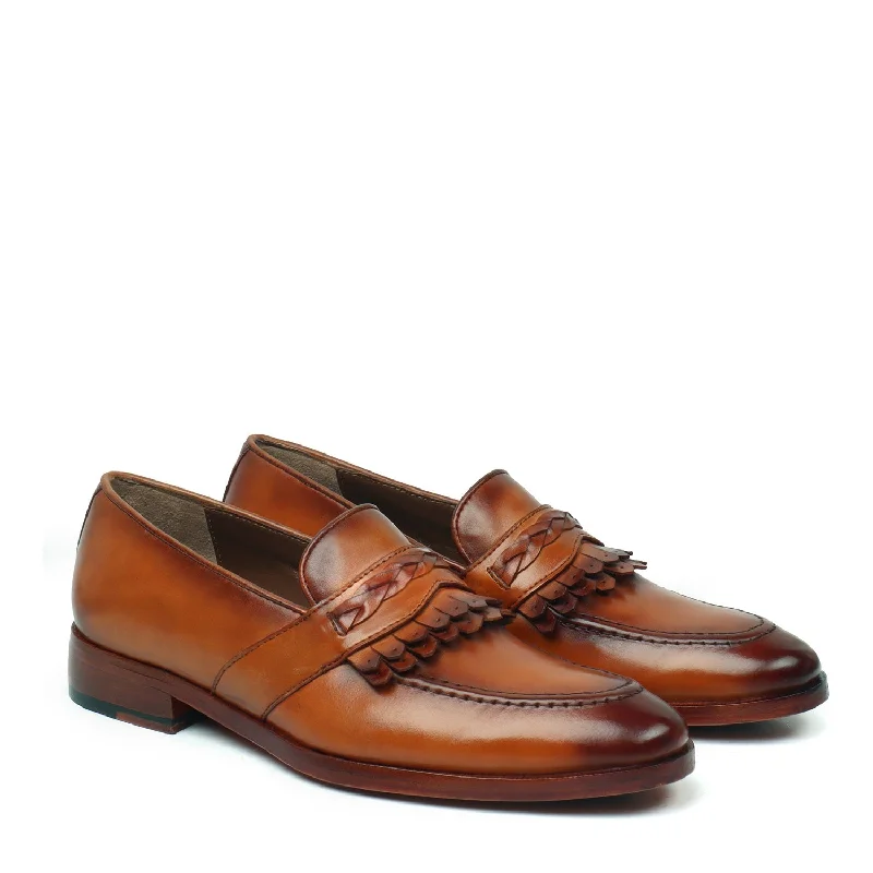 Dual Fringes Weaved Strip Slip-On Loafer in Tan Leather by Brune & Bareskin