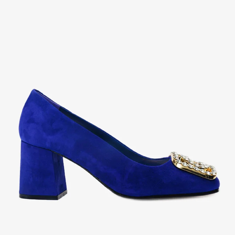 The California Sax Blue Suede Leather Block Heel Pump Women Shoe