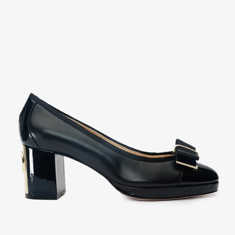 The Fano Black Leather Cap Toe Block Heel Pump Women Shoe