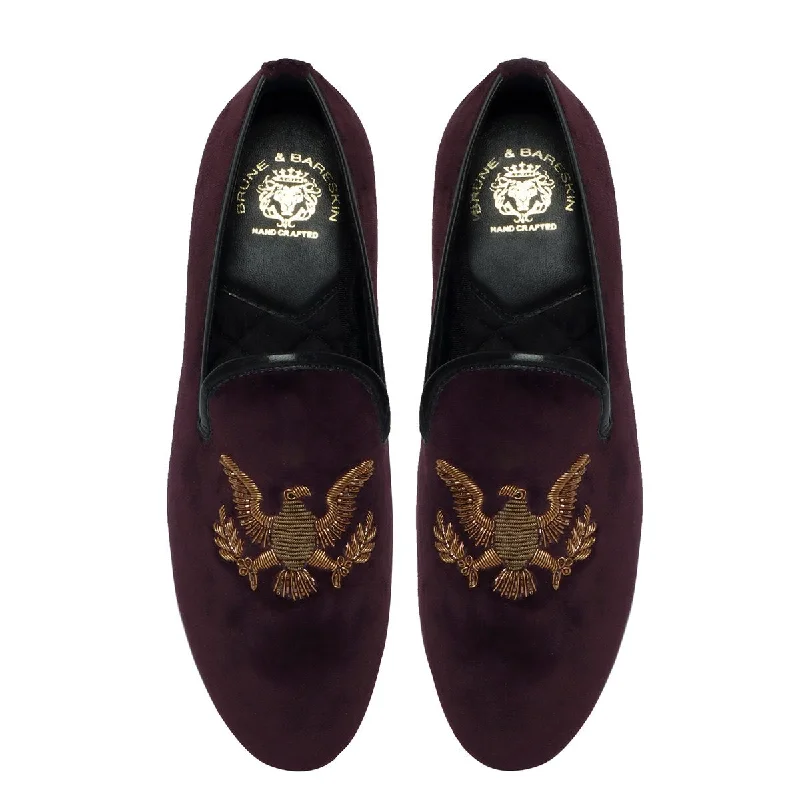 Handmade Eagle Zardosi Slip-On Shoes in Purple Italian Velvet By Brune & Bareskin