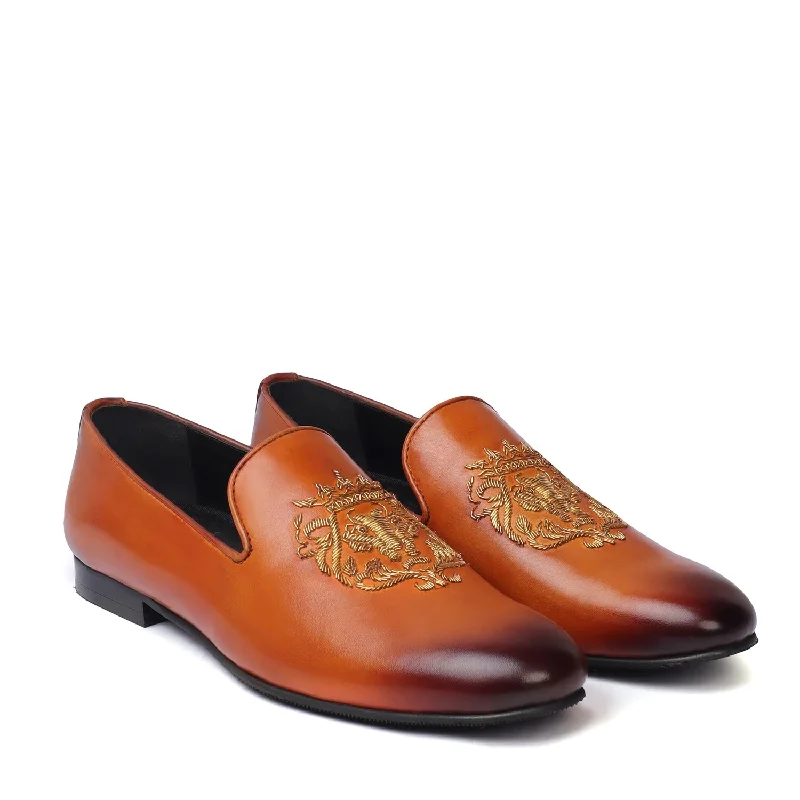 Tan Leather Slip-On for Men with Golden Lion Zardosi By Brune & Bareskin