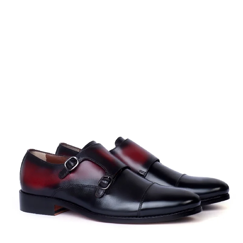 Dual Tone Black/Wine Double Monk Leather Straps Shoes By Brune & Bareskin