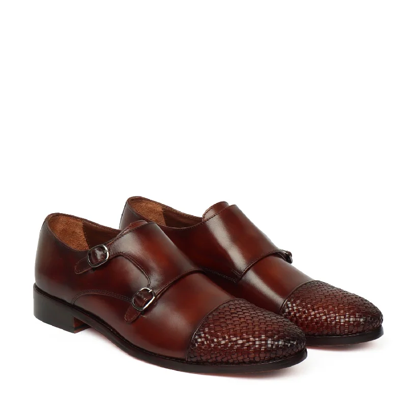 Dark Brown Contrasting Cap Toe Leather Woven Detailed Double Monk With Leather Sole Shoes By Brune & Bareskin