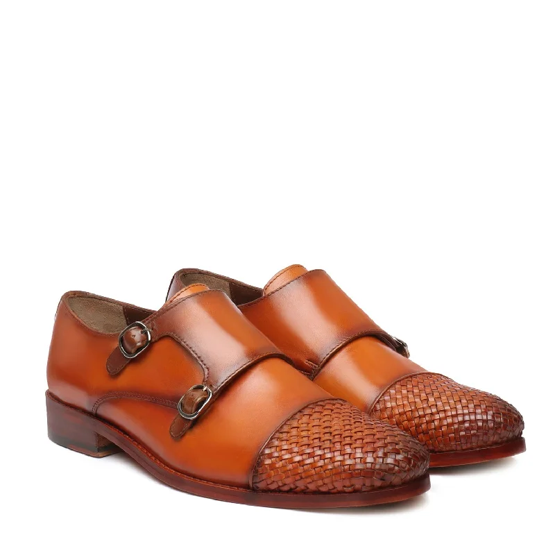 Tan Contrasting Cap Toe Leather Woven Detailed Double Monk With Leather Sole Shoes By Brune & Bareskin