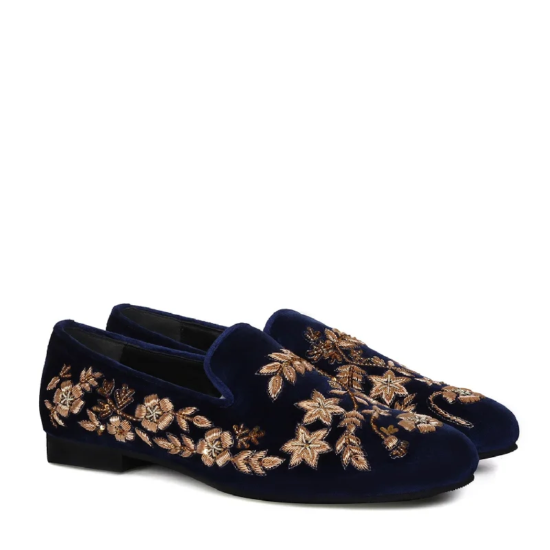 Wedding Oriented Slip-On Shoes in Blue Velvet with Floral Pattern Golden Hand Zardosi By Brune & Bareskin