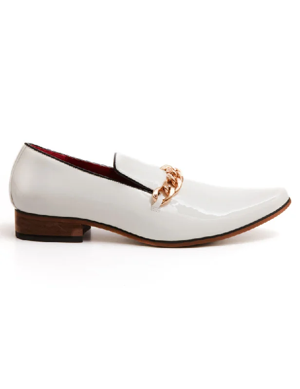 WHITE PATENT LOAFERS WITH GOLD CHAIN