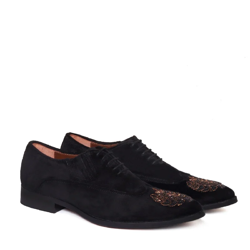 Zardosi Wingtip Black Velvet Formal Shoes by Brune & Bareskin